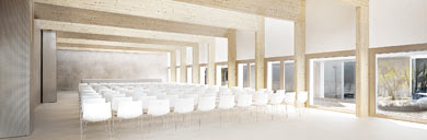 Architekturwettbewerb Berufsschule Rueti Mehrzweckhalle mit Aulafunktion-Visualisierung Innenraum
