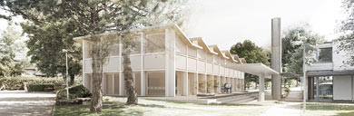 Architekturwettbewerb Berufsschule Rueti Mehrzweckhalle mit Aulafunktion-Visualisierung Aussenraum